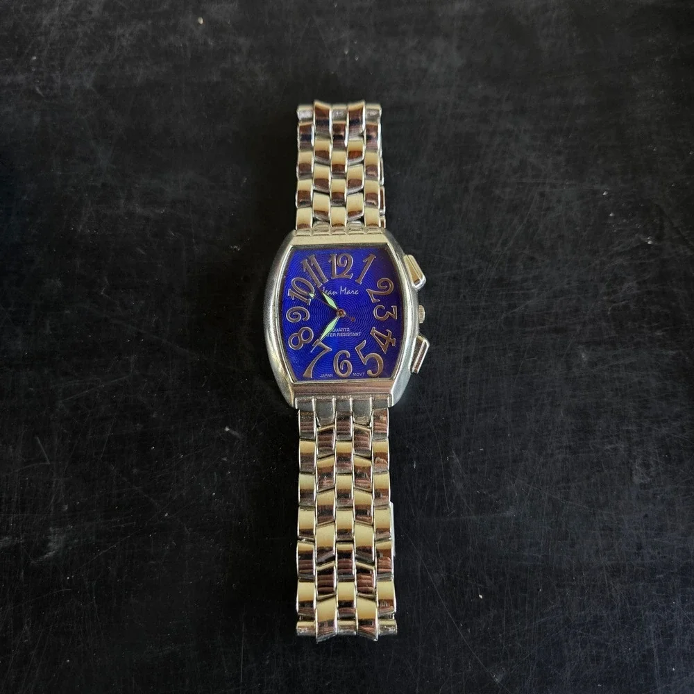 Jean Marc Mens Quartz Watch Silver Tone Blue Guilloche Dial Link Band 7 Tested